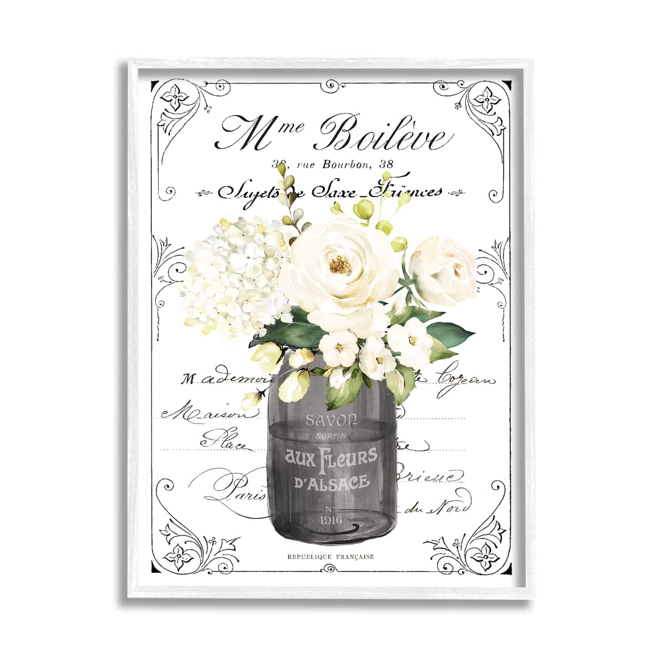 Stupell Industries Vintage Parisian Bathroom Floral Bouquet White Flowers Framed Wall Art